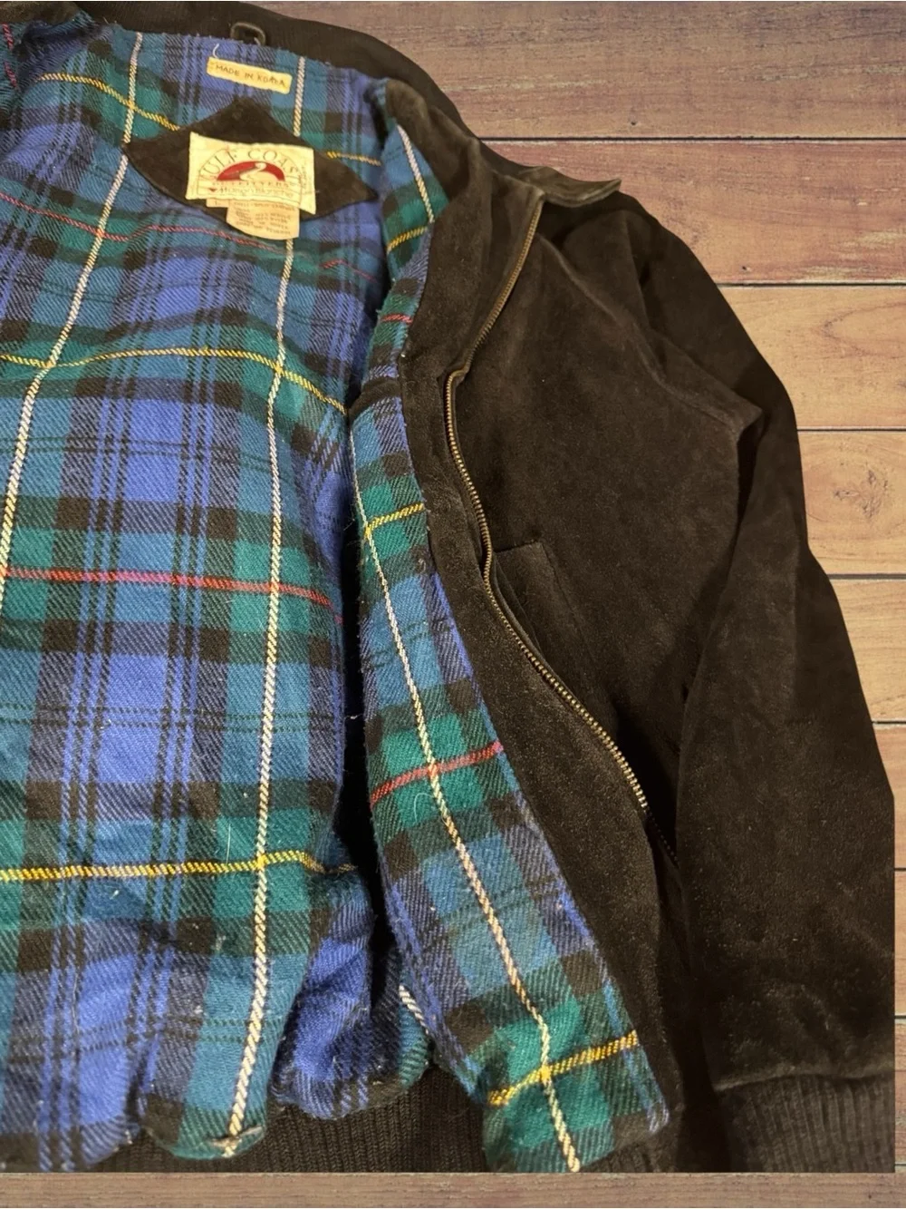 Maison Blanche Black Suede Bomber Jacket with Blue Plaid Lining